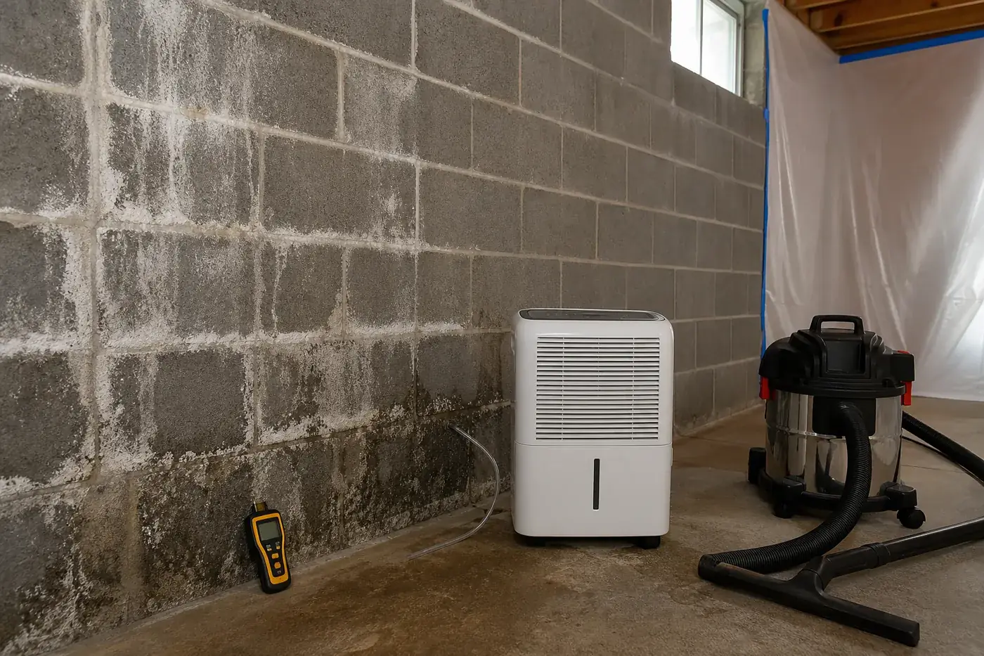 Mold on a damp concrete block basement wall, with a dehumidifier, moisture meter and wet vacuum set up for drying