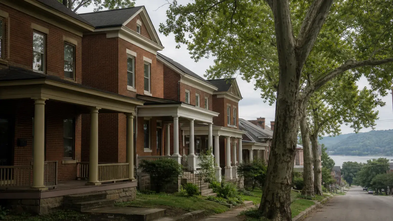 Row of older brick houses with columned front porches and stone foundations on a tree-lined street