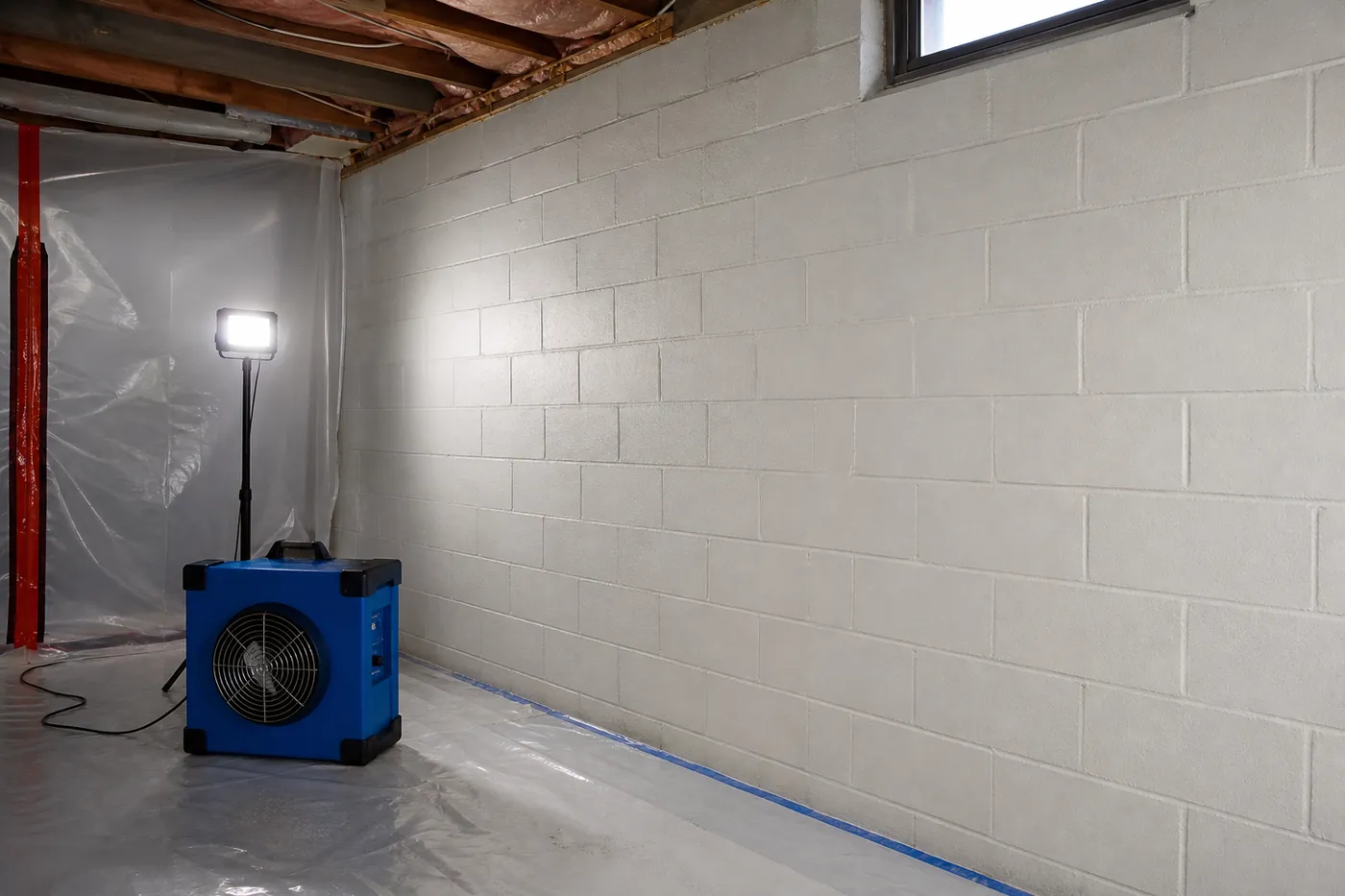 Black mold removal containment in a basement: plastic sheeting, an air scrubber and a work light by a clean block wall